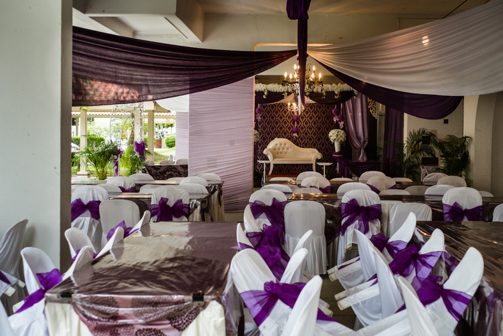 Temporary refit for a different wedding completed and awaiting guests. The dias with the couch in the background is where the married couple sits.