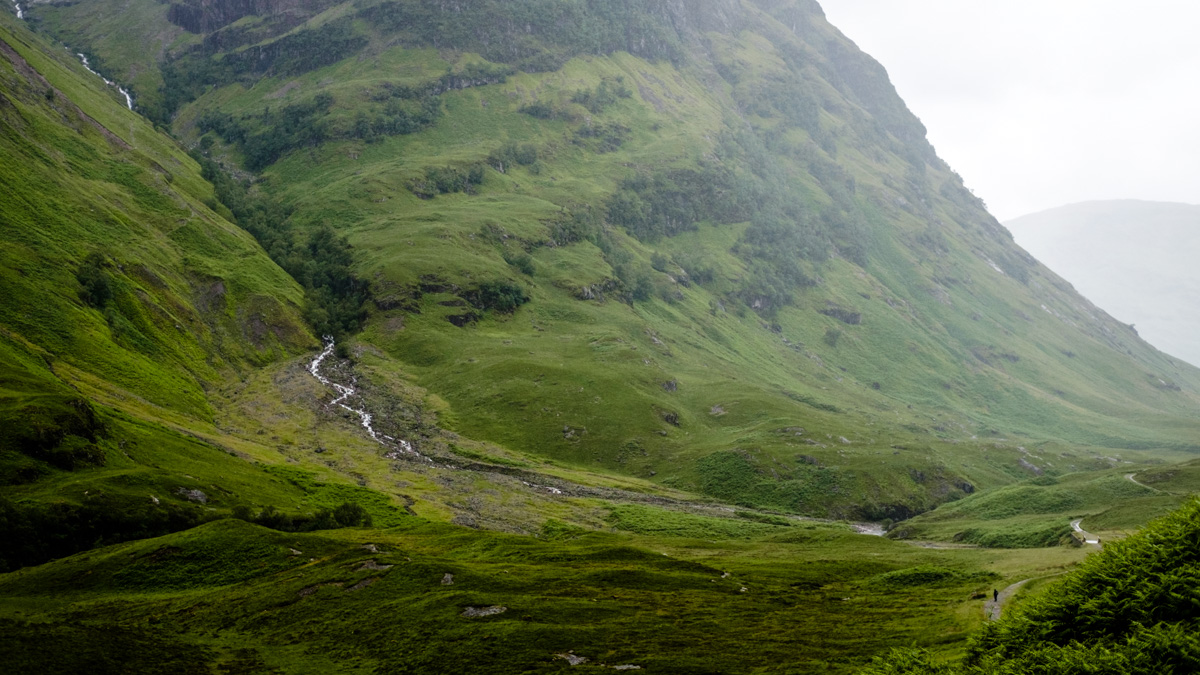 A glen in the Scottish Highlands. If you look carefully in the lower left corner, you can see a 3-pixel high person on the trail. The Highlands, or what 5 minutes of them I registered, were remarkable beyond any words I have.